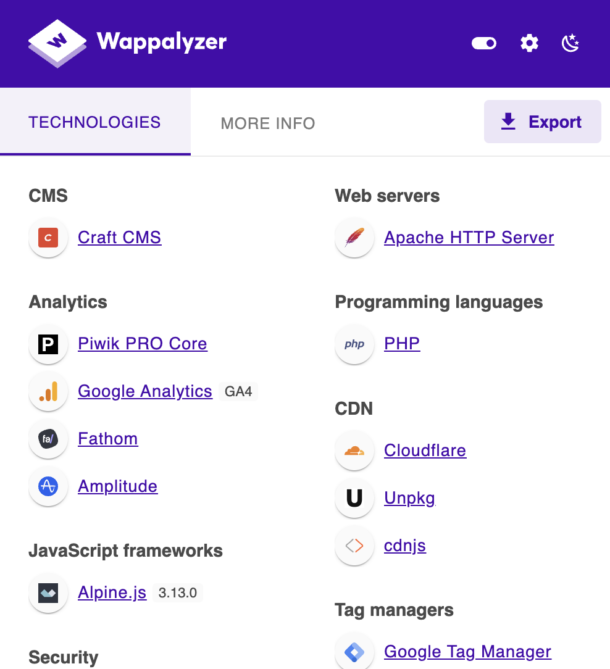 interface van de wappalyzer extentie
