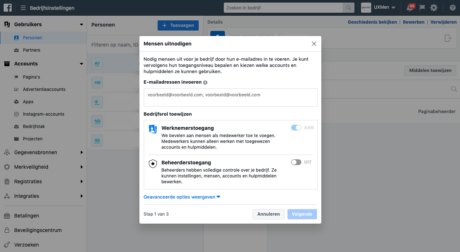 facebook bedrijfsmanager interface toevoegen van personen