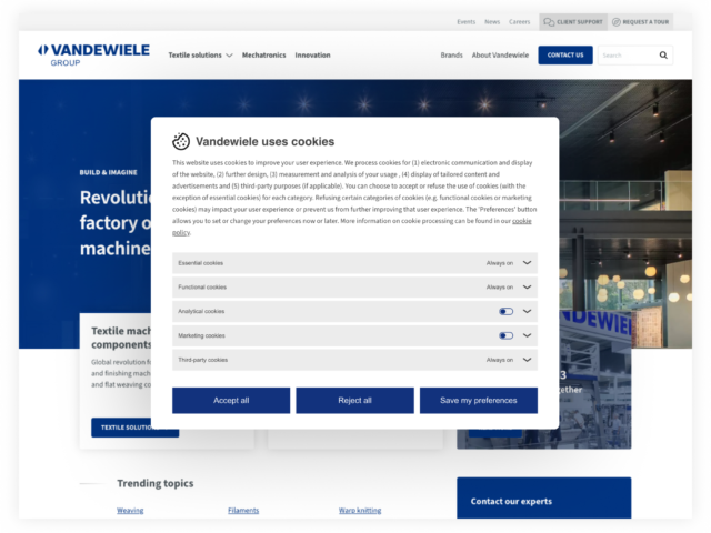 Vandewiele cookiebanner met cookievoorkeuren